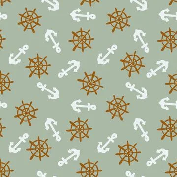 Hand drawn seamless nautical pattern. Anchors and steering wheels on a muted Stock Illustration