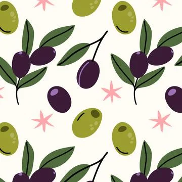 Hand Drawn Seamless Olive Pattern with Green and Black Olive Branches Stock Illustration