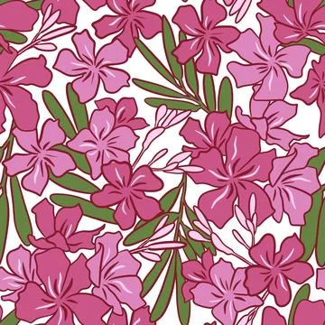 Hand drawn seamless patter of nerium oleander pink flowers green leaves on white Stock Illustration