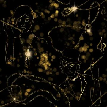 Hand drawn seamless pattern of 1920s black gold glitter style, 20s woman girl Stock Illustration