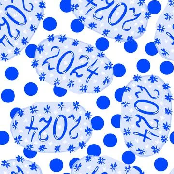 Hand drawn seamless pattern with 2024 oval blue sticker, winter celebration new Stock Illustration