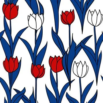 Hand drawn seamless pattern 4th of july patriotic Independence day floral tulip Stock Illustration