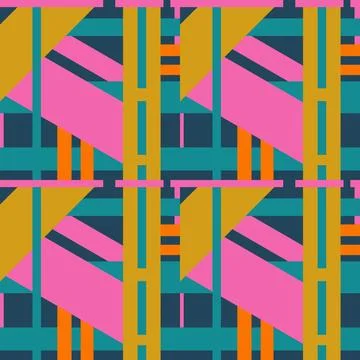 Hand drawn seamless pattern with abstract geometric 1980s 80s bold colorful Stock Illustration