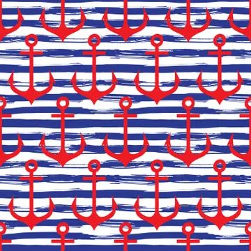 Hand drawn seamless pattern. Anchors on striped background Stock Illustration
