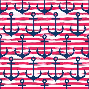 Hand drawn seamless pattern. Anchors on striped background Stock Illustration