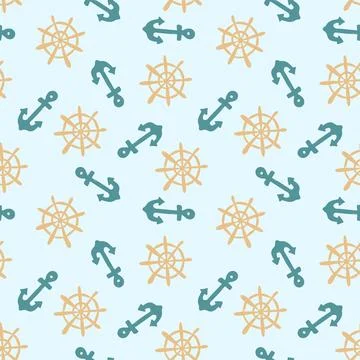 Hand drawn seamless pattern with anchors and ship wheels on a soft blue Stock Illustration