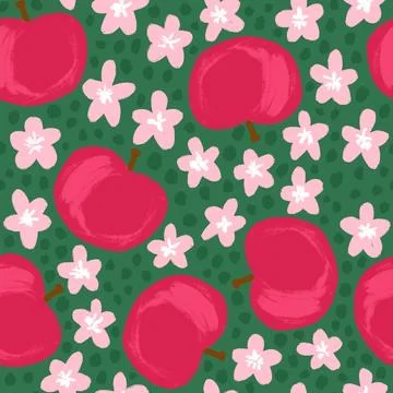 Hand drawn seamless pattern with apples red fruits with pink flowers on green Stock Illustration