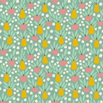 Hand drawn seamless pattern with apples pears fruits on pastel green background Stock Illustration