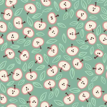 Hand drawn seamless pattern with apples fruits on pastel green background Stock Illustration