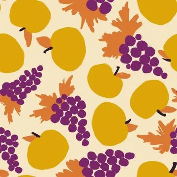 Hand drawn seamless pattern with apples fruits purple grapes in simple Illustrazione stock