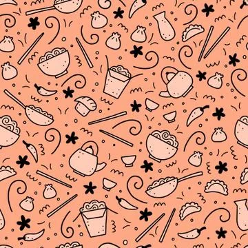 Hand drawn seamless pattern of Asian food. Vector illustration. Stock Illustration