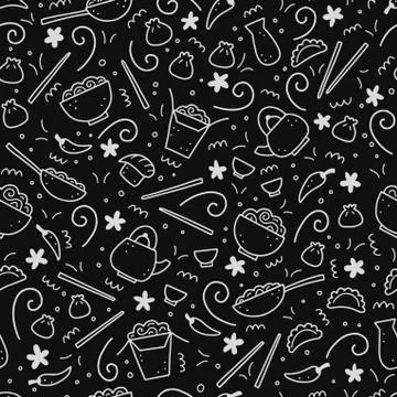 Hand drawn seamless pattern of Asian food. Vector illustration. Stock Illustration