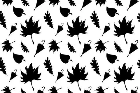 Hand drawn seamless pattern. Autumn concept, silhouettes of flying leaves of Stock Illustration
