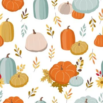 Hand drawn seamless pattern with autumn leaves and pumpkins, autumn mood. Stock Illustration