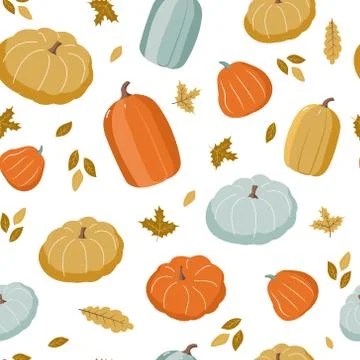 Hand drawn seamless pattern with autumn leaves and pumpkins, autumn mood. Stock Illustration