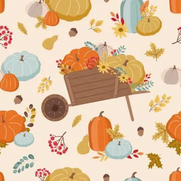 Hand drawn seamless pattern with autumn leaves and pumpkins, autumn mood. Stock Illustration
