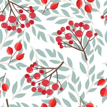 Hand drawn seamless pattern with autumn leaves and rowanberry , autumn mood. Stock Illustration