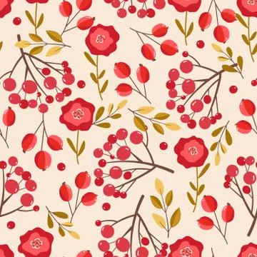 Hand drawn seamless pattern with autumn leaves and rowanberry , autumn mood. Stock Illustration