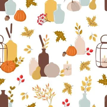 Hand drawn seamless pattern with autumn leaves and pumpkins, autumn mood. Stock Illustration