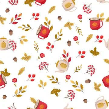 Hand drawn seamless pattern with autumn leaves and pumpkins, autumn mood. Stock Illustration