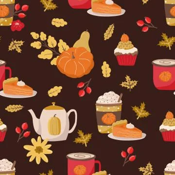 Hand drawn seamless pattern with autumn leaves,pie, pumpkin, autumn mood. イラスト素材