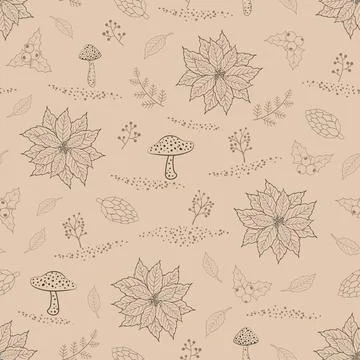 Hand drawn seamless pattern with autumn leaves,berries and mushrooms on the b Illustrazione stock