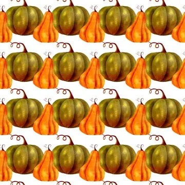 Hand drawn seamless pattern autumn watercolor yellow and green pumpkins Stock Illustration