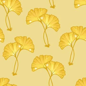 Hand drawn seamless pattern of autumn yellow gingko biloba leaves. Shiny glitter Stockillustratie