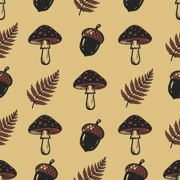 Hand-drawn seamless pattern with autumn mushrooms, fern leaves, and acorns イラスト素材
