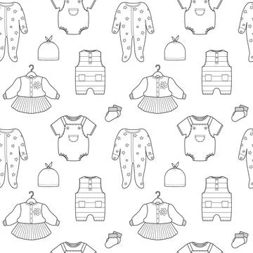 Hand drawn seamless pattern with baby clothes. Doodle newborn vector Stock Illustration