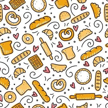 Hand drawn seamless pattern of bakery element. Doodle style vector illustration. Illustrazione stock