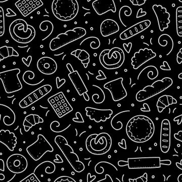 Hand drawn seamless pattern of bakery element. Doodle style vector illustration. Illustrazione stock