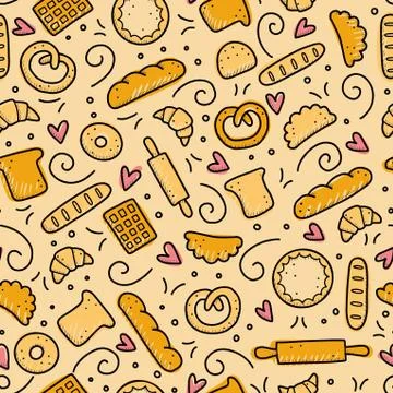 Hand drawn seamless pattern of bakery element. Doodle style vector illustration. Illustrazione stock