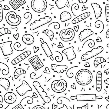 Hand drawn seamless pattern of bakery element. Doodle style vector illustration. 스톡 일러스트