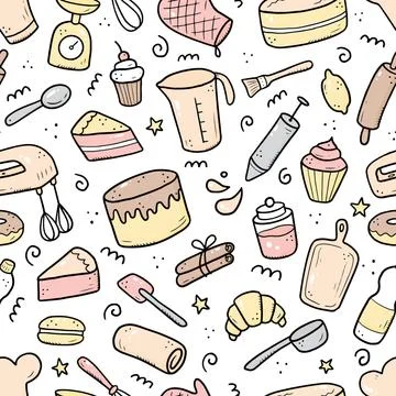 Hand drawn seamless pattern of baking and cooking Stock Illustration