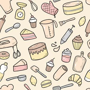 Hand drawn seamless pattern of baking and cooking Stock Illustration