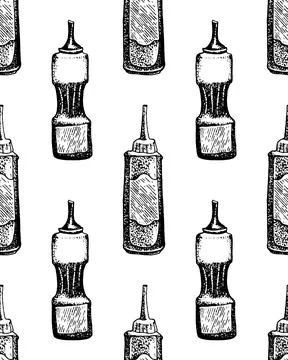 Hand drawn seamless pattern of bbq sauce bottles. イラスト素材