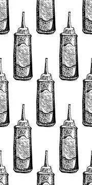 Hand drawn seamless pattern of bbq sauce bottle. イラスト素材