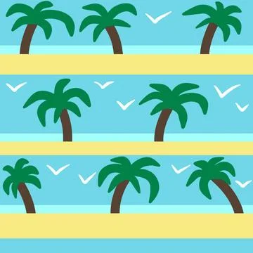 Hand drawn seamless pattern with beach palm trees gulls ocean sea vibe. Vacation Stock Illustration