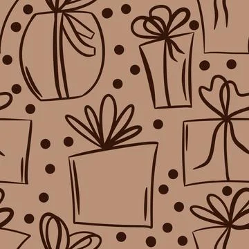 Hand drawn seamless pattern with beige brown festive gift present box with bow Stock Illustration
