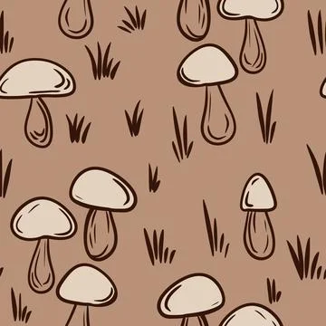 Hand drawn seamless pattern with beige brown forest wood mushrooms. Woodland Stock Illustration