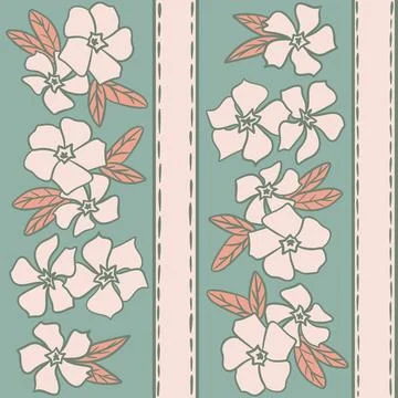 Hand drawn seamless pattern with beige periwinkle flowers on sage green Stock Illustration