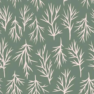 Hand drawn seamless pattern with beige cosmos leaves on sage green background Stock Illustration
