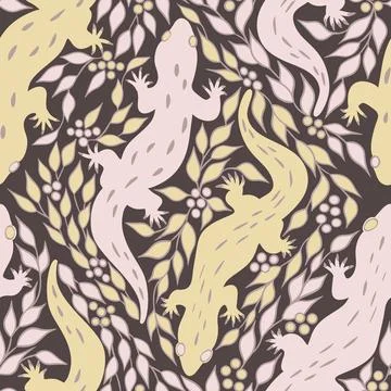 Hand drawn seamless pattern with beige brown pink gecko lizard, neutral pastel Stock Illustration