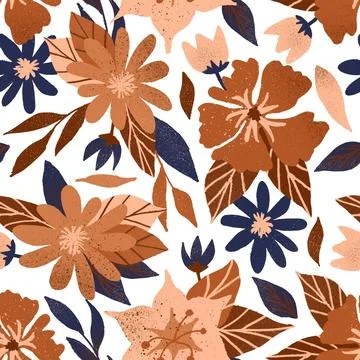 Hand drawn seamless pattern with beige brown flower floral elements, ditsy イラスト素材