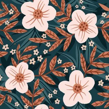 Hand drawn seamless pattern of beige retro flowers with blue brown ochre leaves 스톡 일러스트