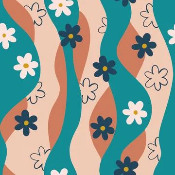 Hand drawn seamless pattern with beige blue waves hippie flowers, retro vintage 库存插图