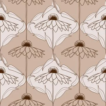 Hand drawn seamless pattern in beige brown echinacea diamond background. Elegant Illustrazione stock