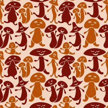 Hand drawn seamless pattern with beige brown forest wood mushrooms funny dancing Illustrazione stock