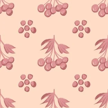 Hand drawn seamless pattern with berry floral branches, peach fuzz blush berries Stock Illustration
